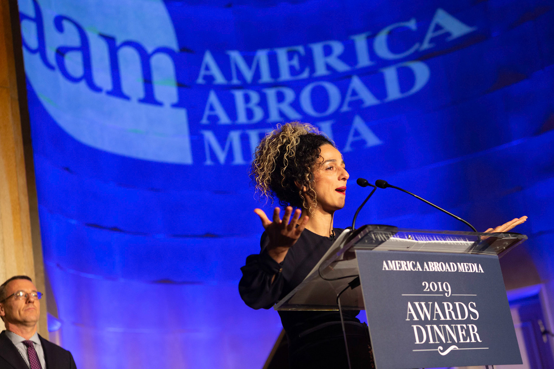 America Abroad Media (AAM) presents their annual gala awards dinner at the Andrew Mellon Auditorium in Washington D.C. on Tuesday, November 5, 2019. Honorees included Egyptian actress Yousra, Iranian activist and journalist Masih Alinejad, and film director Peter Berg.