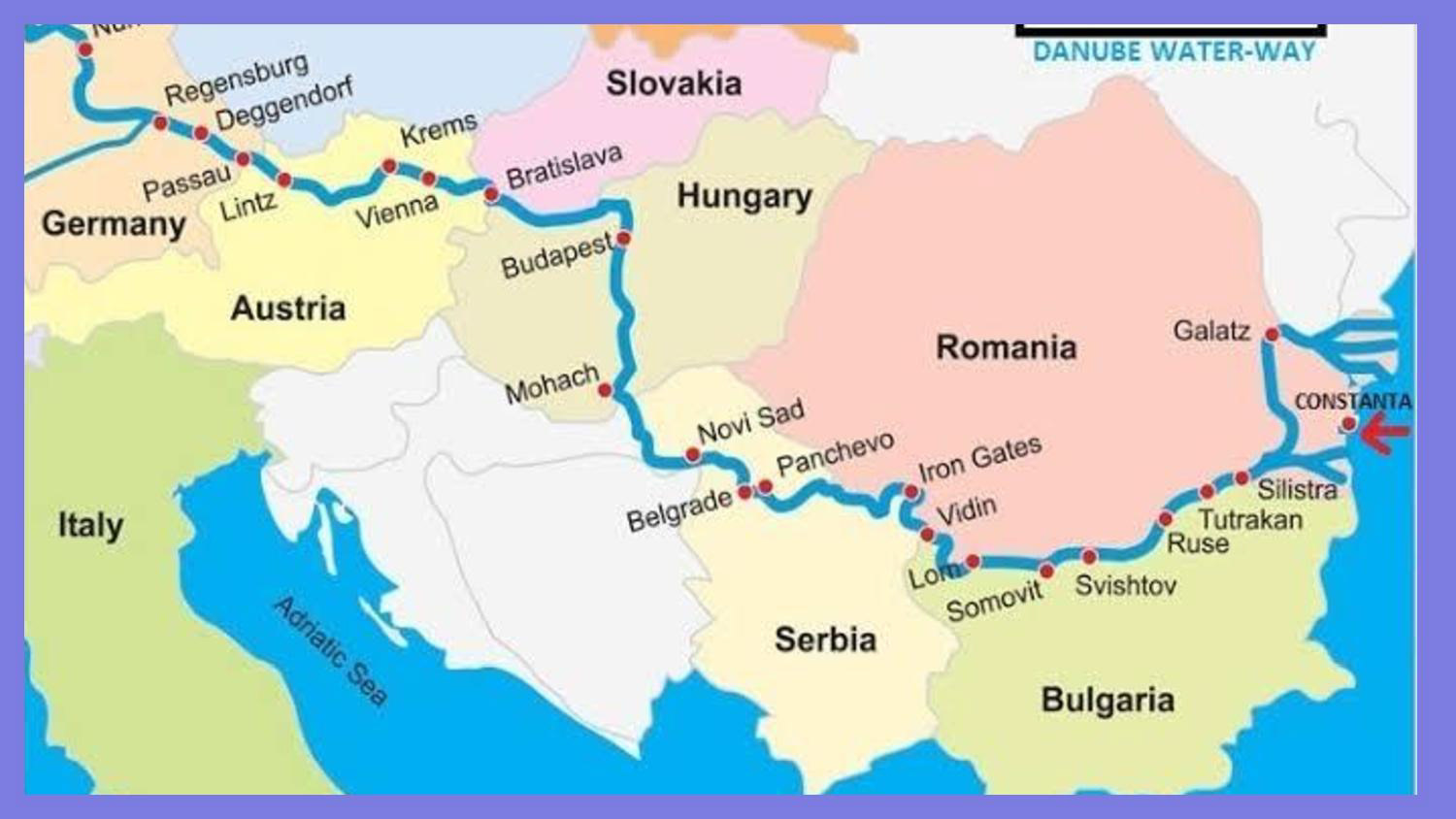 Река Дунай на карте Европы