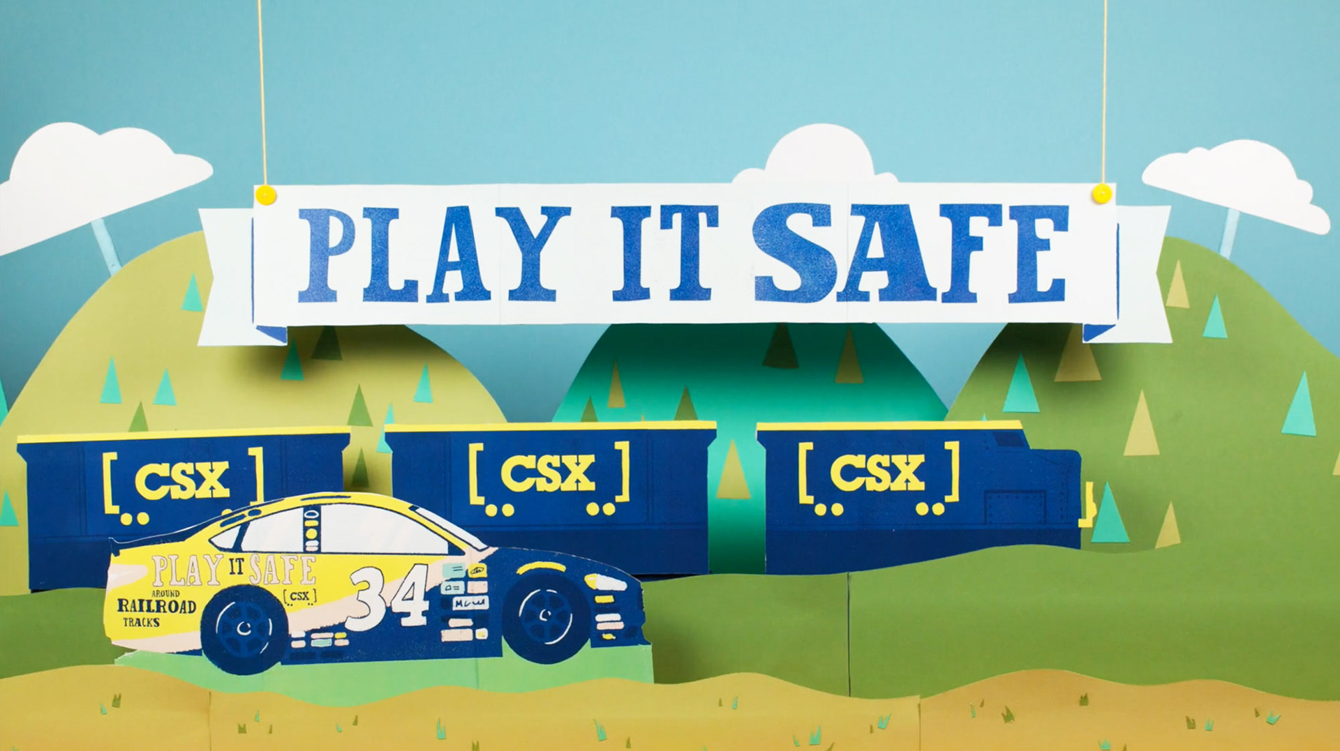 Emilee Beeson illustration and design in still image of stop motion video depicting train and car.