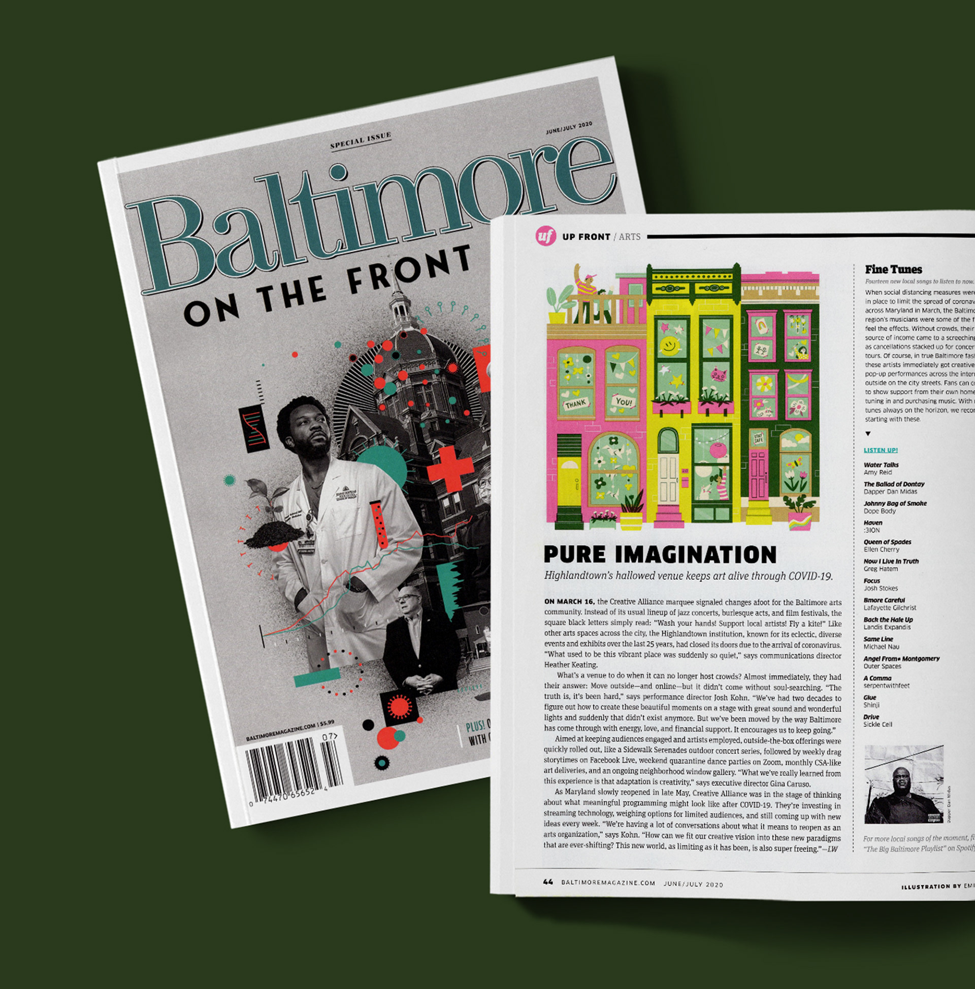 The illustration shown in context of the page design and article by Emilee Beeson for Baltimore Magazine.