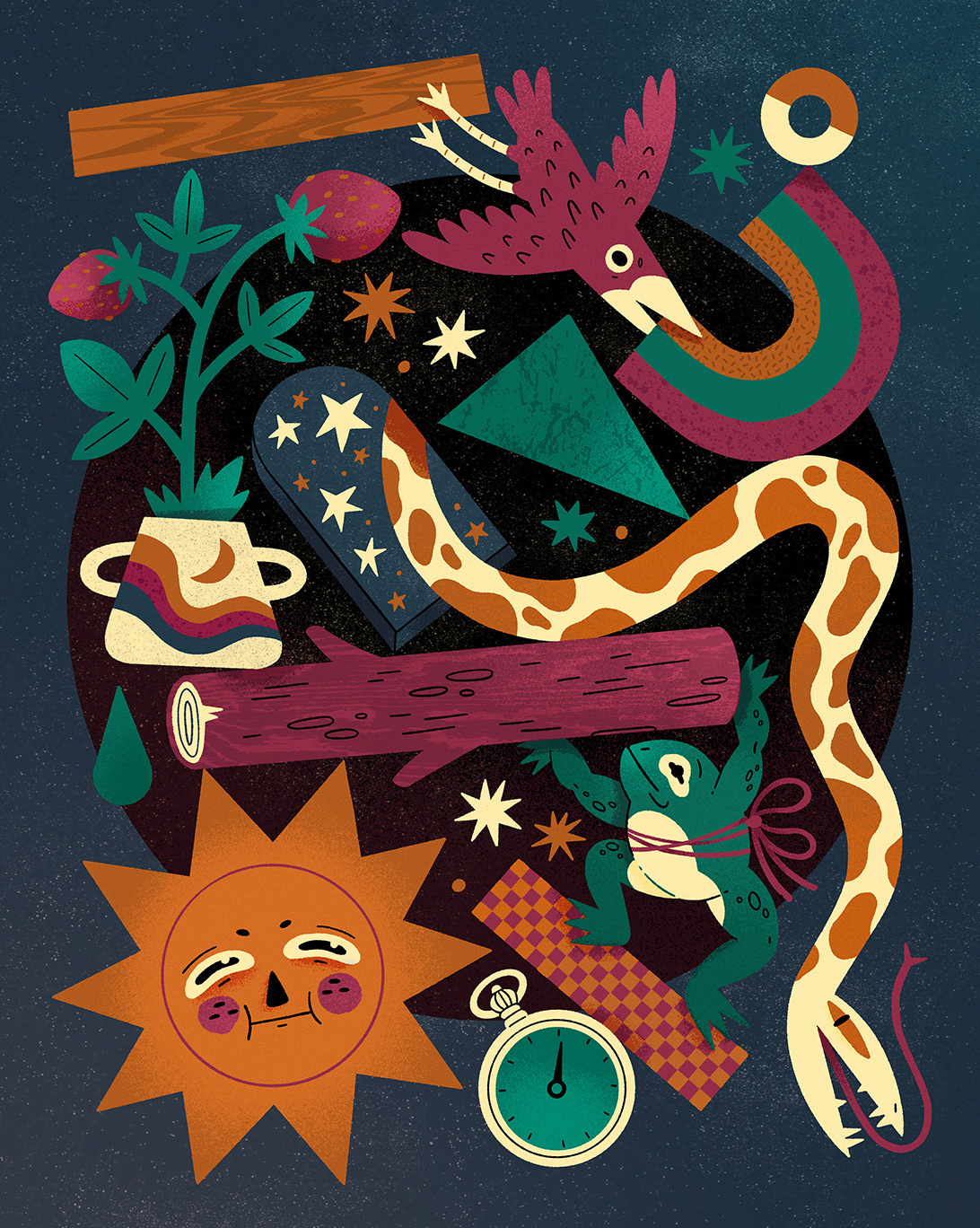 Final illustrations of animals traveling through a magical portal by Emilee Beeson for The Revival Boutique Hotel in Baltimore.
