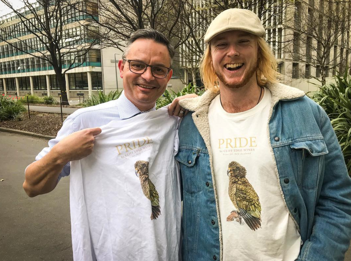 Green Party Leader James Shaw stoked with his shirt.