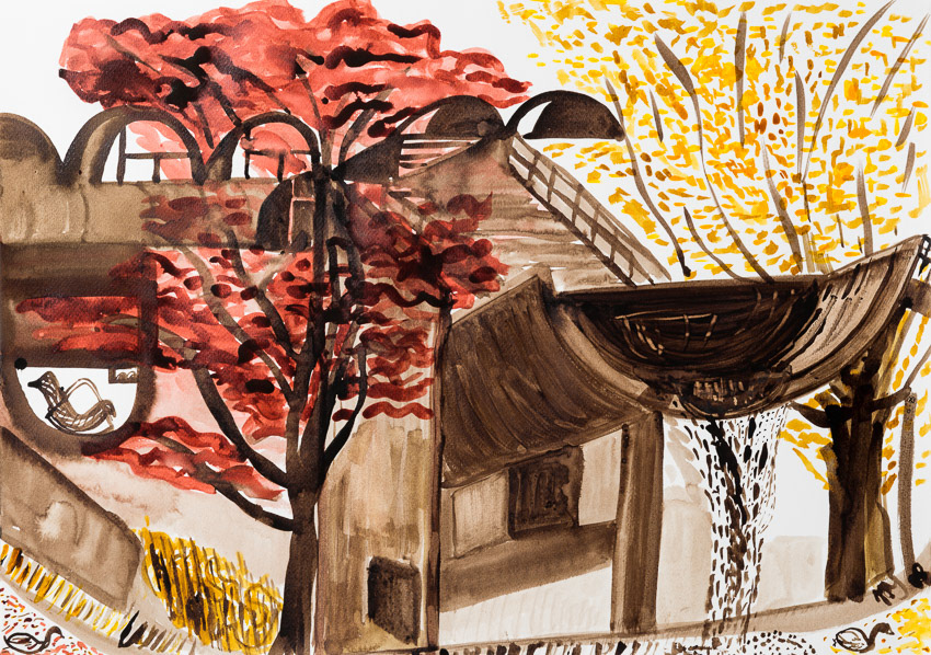 Brutal Water Feature, Barbican Walnut, Watercolour on Fabriano 50 x 70