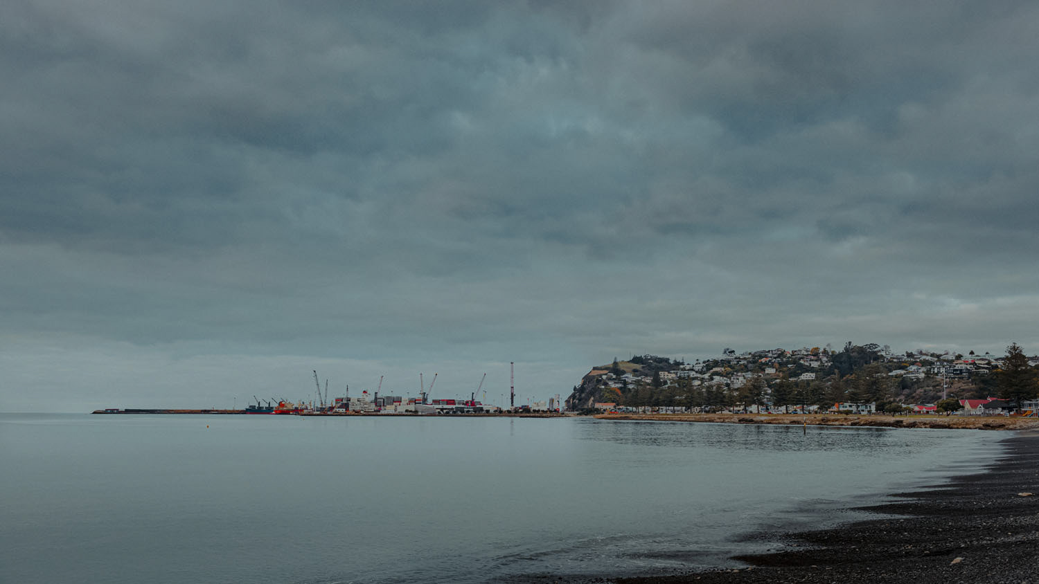 View across the water from Perfume Point to Napier Port on a gloomy day