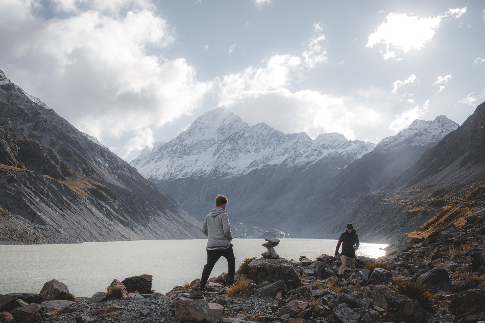 Ollie and Eddie above Hooker Lake with Aoraki/Mount Cook in the background