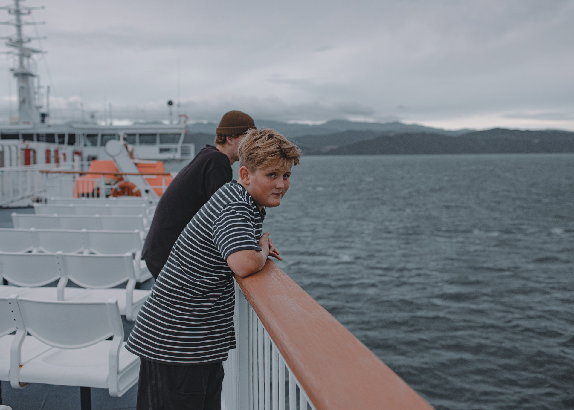 Eddie on the Interislander ferry looking at the view while crossing Cook Strait from Wellington to the South Island, NZ
