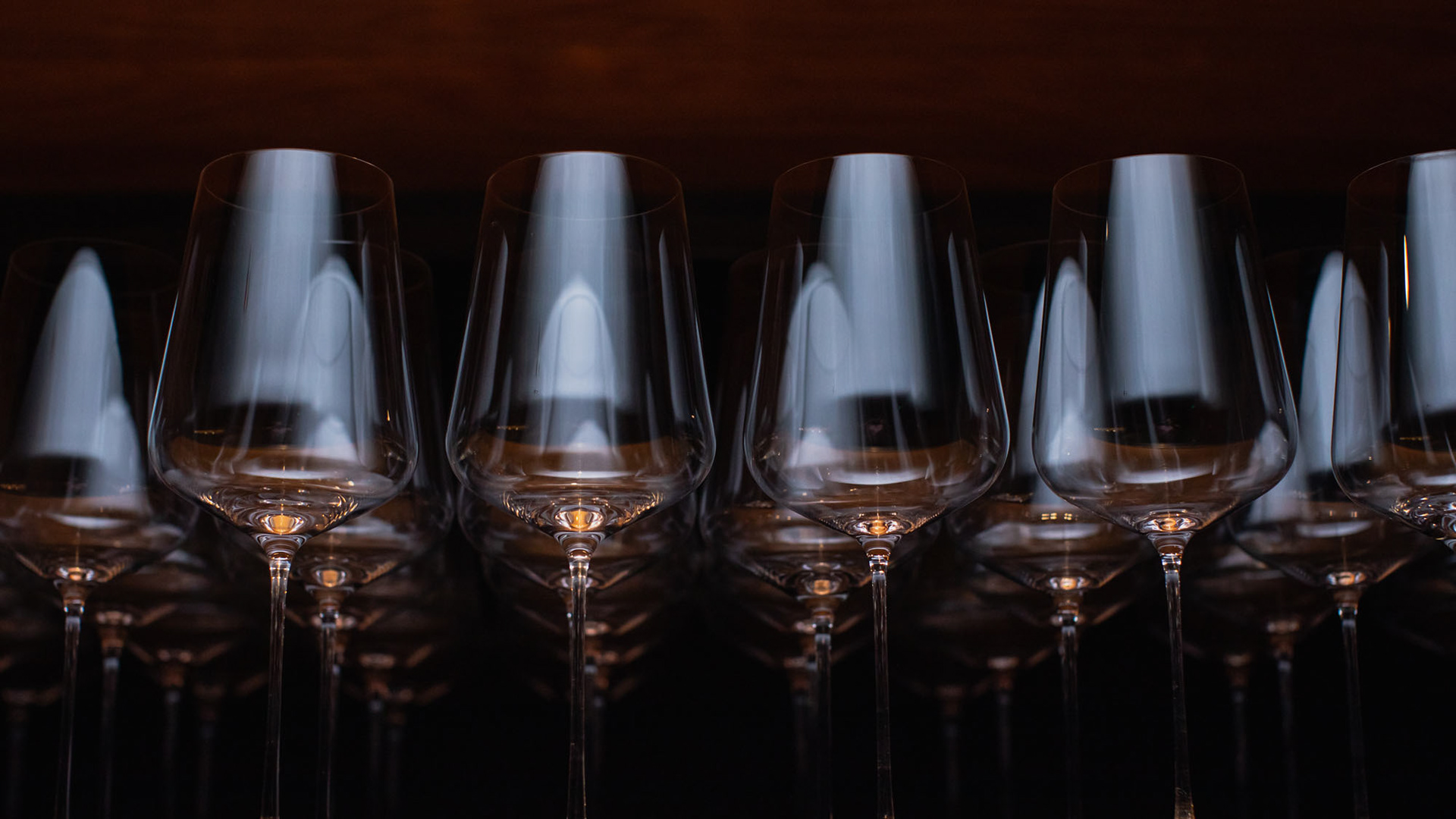 Glasses lined up ready for wine tastings