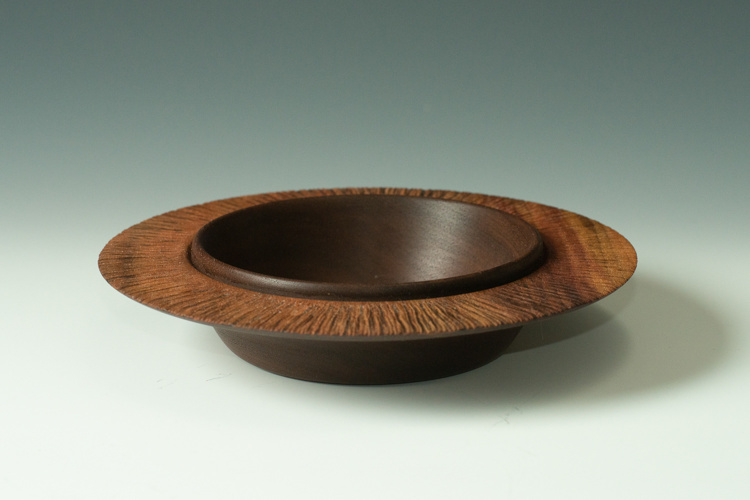 (alternate view) Walnut "saturn" dish with bleached and textured rim - 7" x 1 1/2" - $95