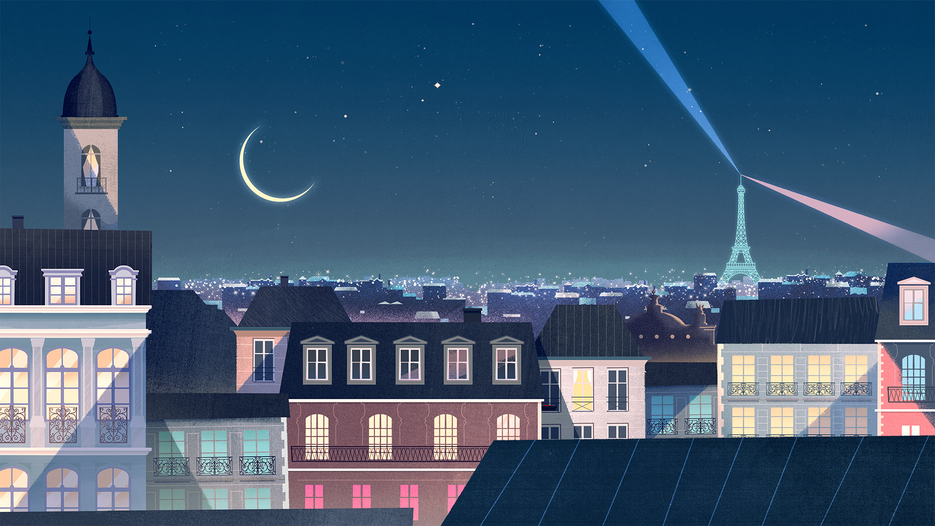 Style frame illustrated and then animated by an animation studio in south america. Depciting a magical Paris at night.