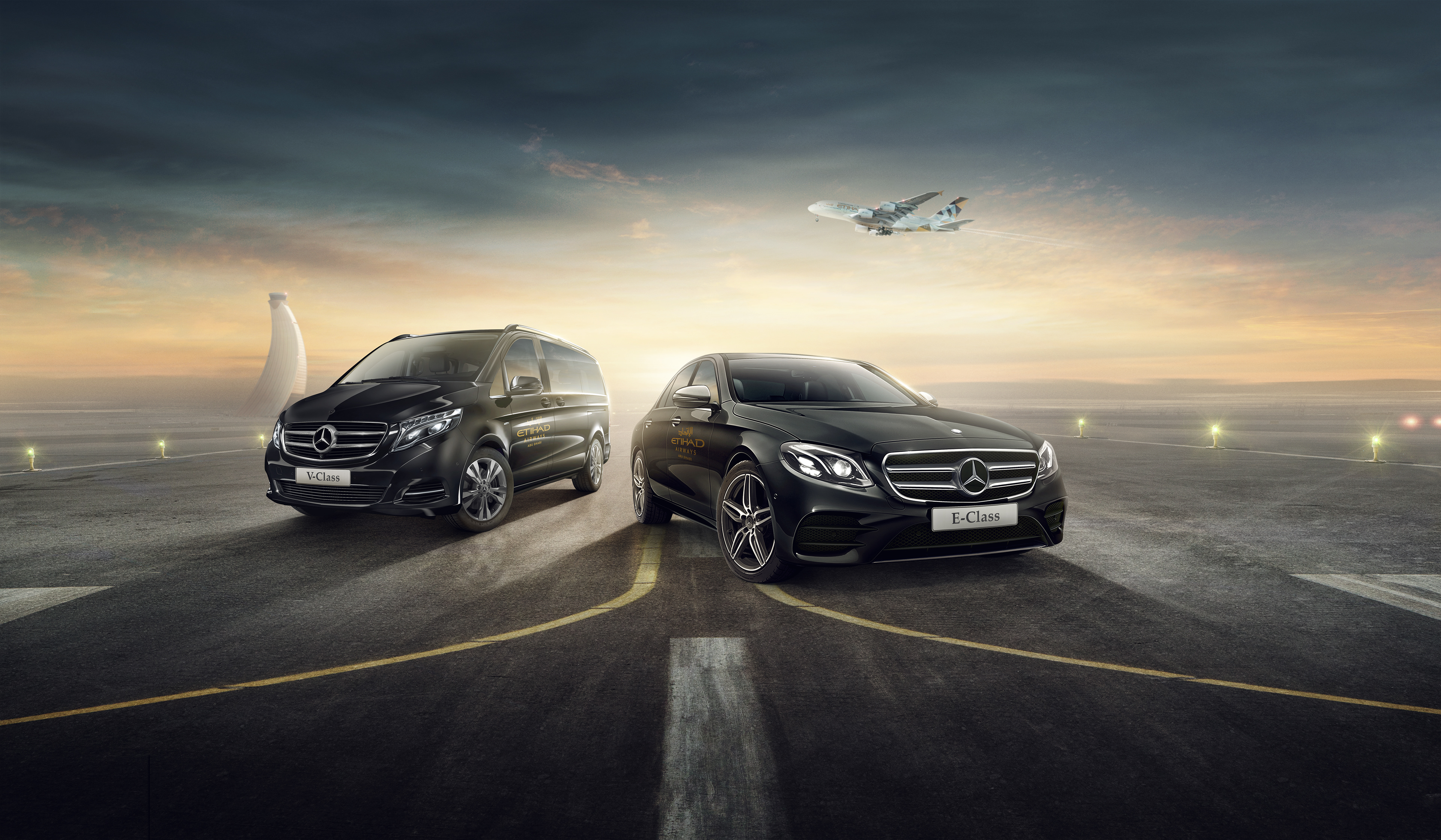 Campaign / Key Visual of the Mercedes Benz E-Class and V-Class on the runway of Abu Dhabi and with an Etihad Airways aircraft taking of in the background.