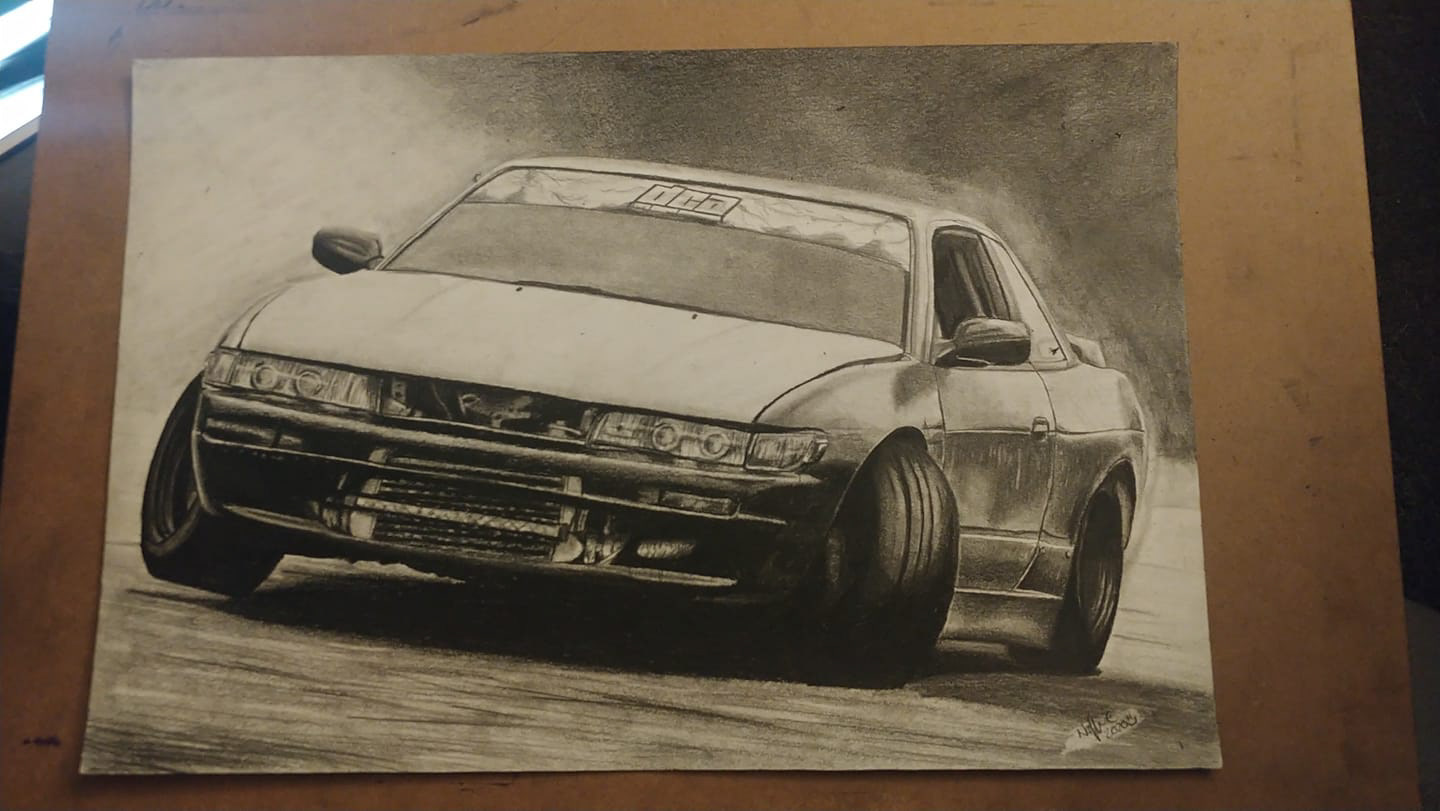 Ben Loy's Nissan Silvia S13 - carbon pencil on A3 cardstock, my own reference photo from Archerfield Drift Park.