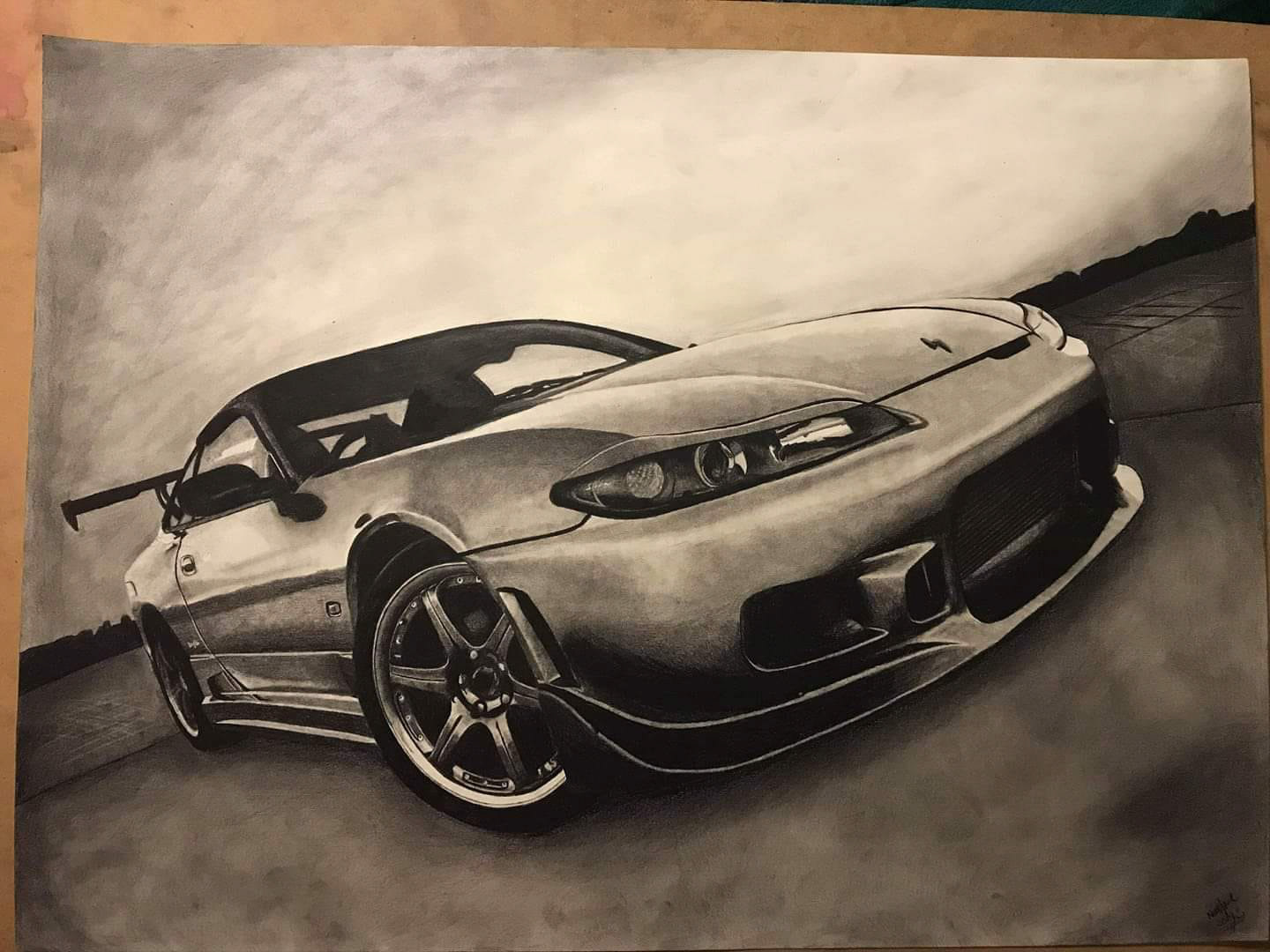 Nissan Silvia S15 - carbon pencil on A1 cardstock, reference photo from Google.