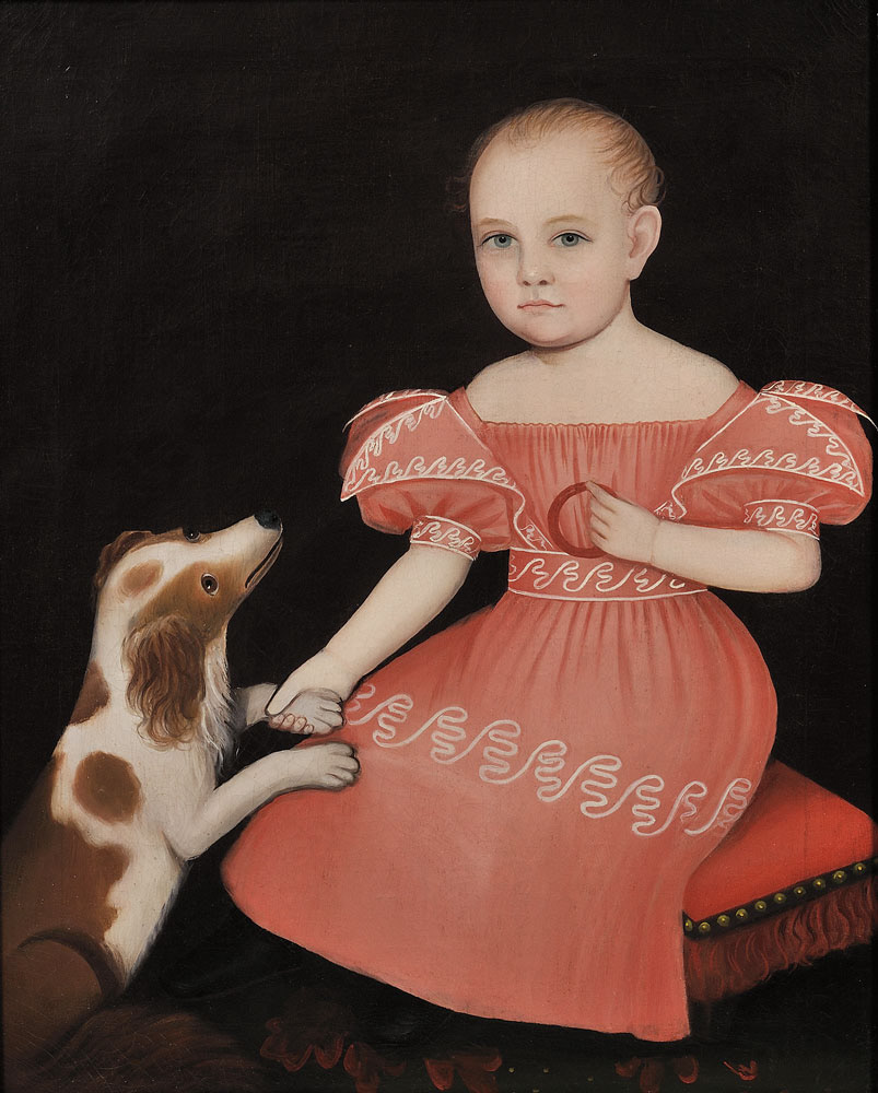 Portrait of a Child in a Pink Dress Seated on a Red Cushion, with a Spaniel