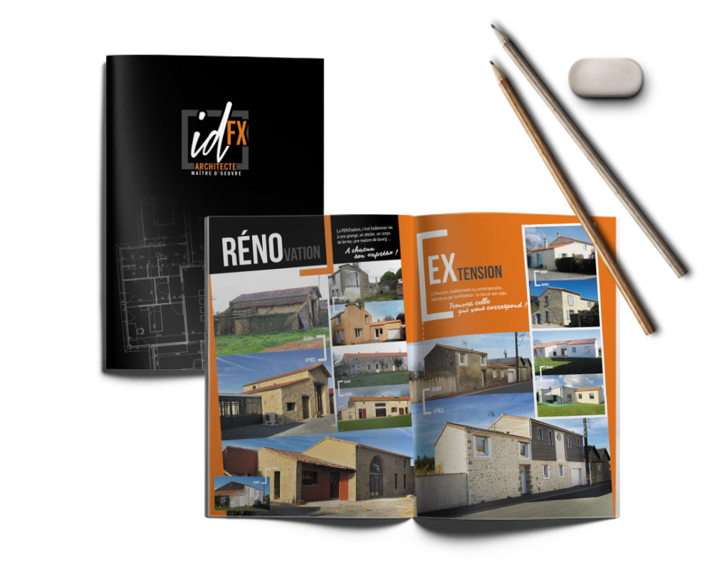 Flyer, dépliant 4 pages A5 pour l'architecte Ingrid Demeillers, de la société IDfx, située aux Herbiers