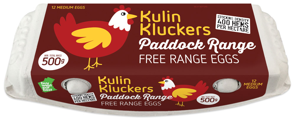 Bold free range egg label carton design, maroon background for 500g carton..