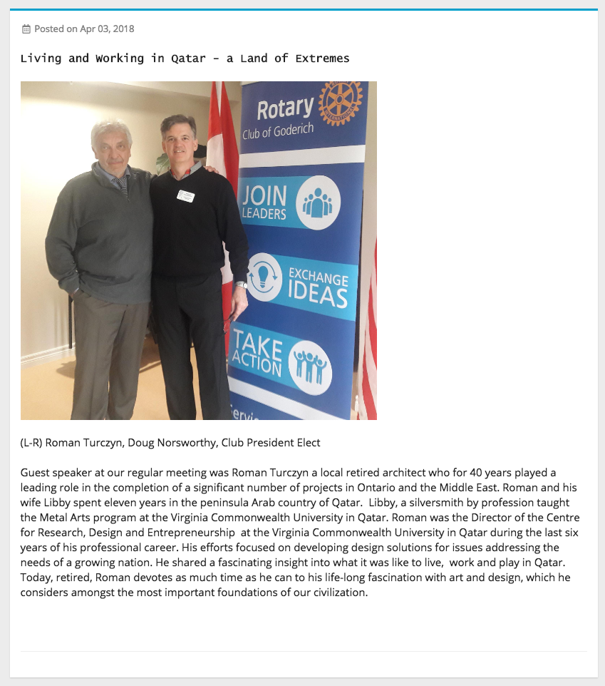 Goderich Rotary Talk 'Work and Play in the Land of Extremes' 2019