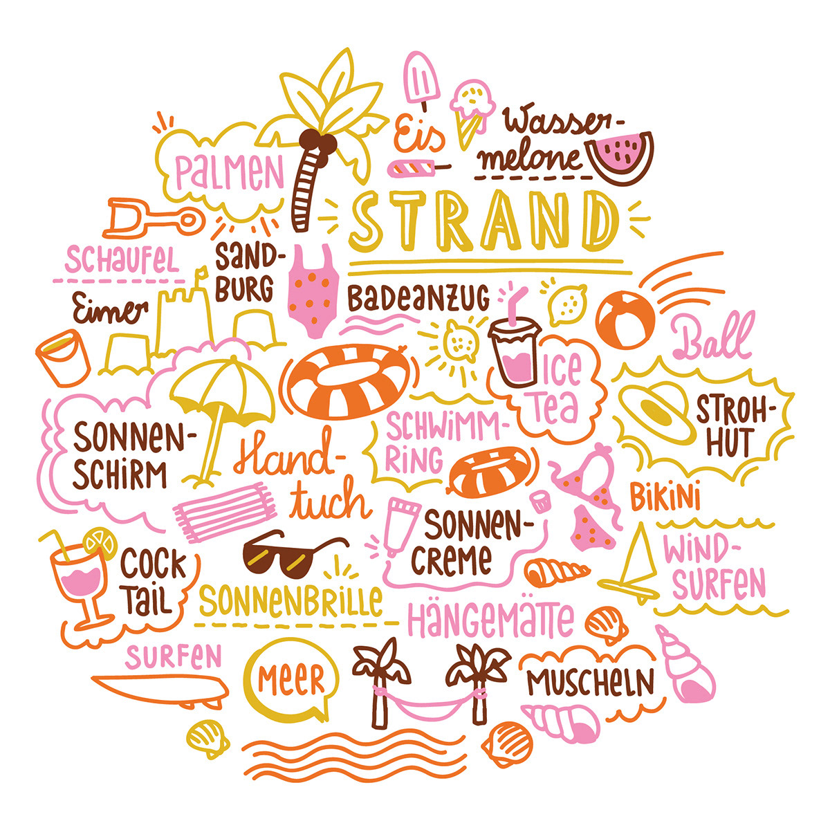 Doodle Illustration mit Handlettering zum Thema Strand bzw. Strandurlaub mit Palmen, Sonnenschirm, Wassermelone, Sandburg und Bikini..