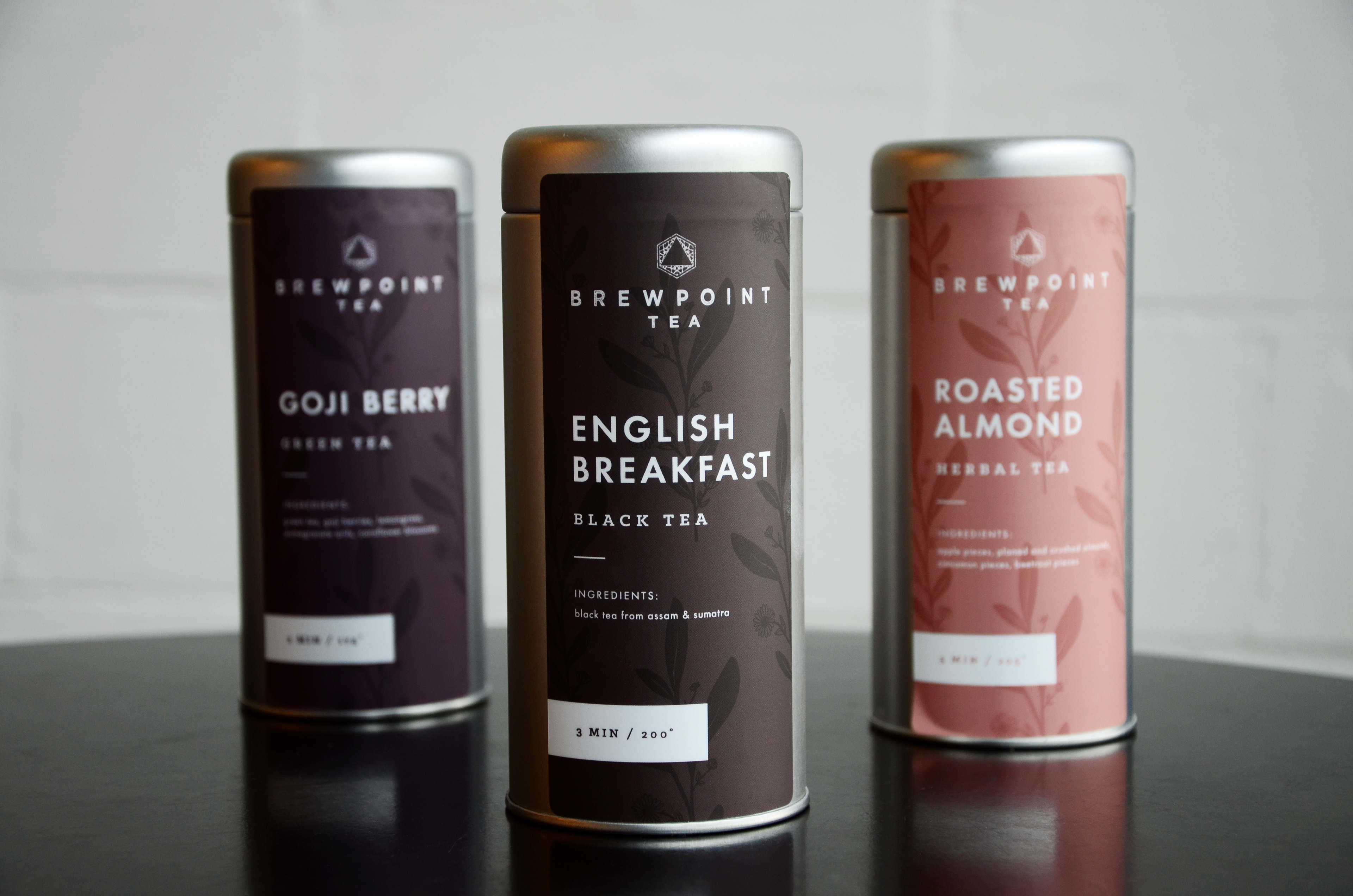 Various label designs for Brewpoint Coffee's loose leaf tea packaging.