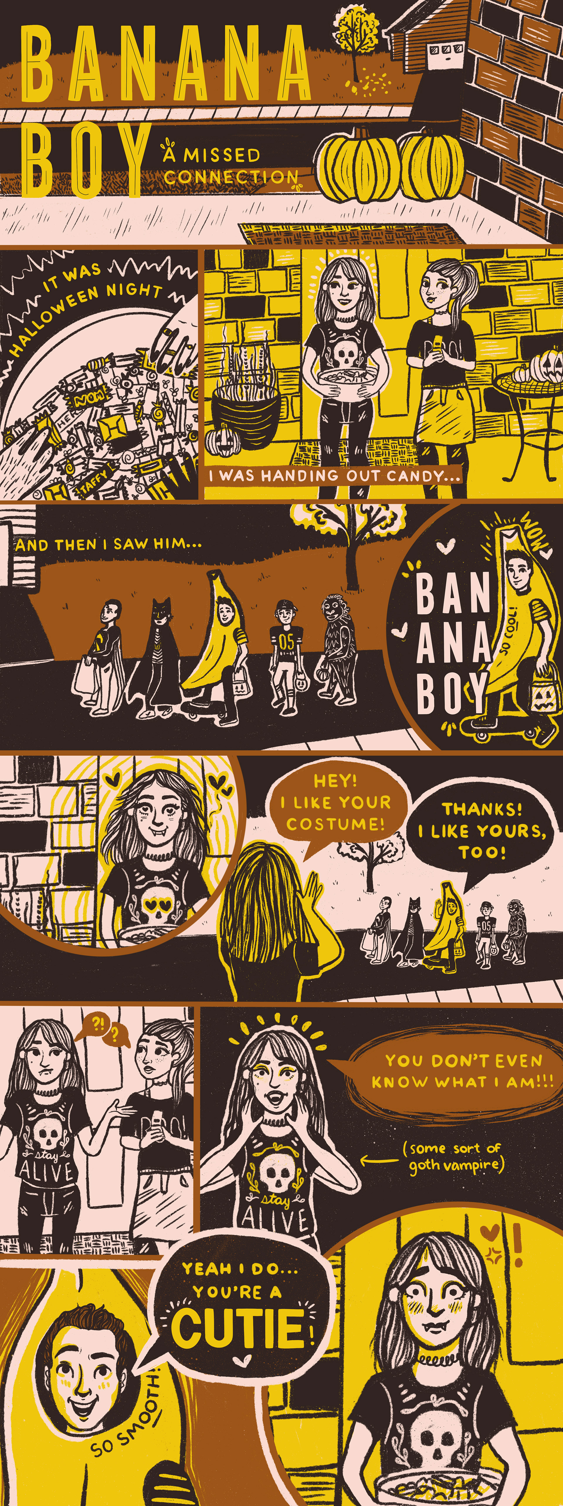 An illustrated comic about halloween night and a skateboarding banana, done in a block-colored style.