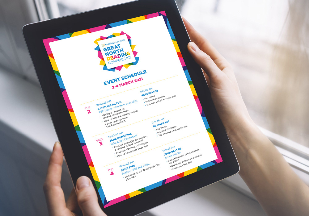 Great North Reading Conference event schedule design by Sharon Armstrong Creative shown on a tablet screen