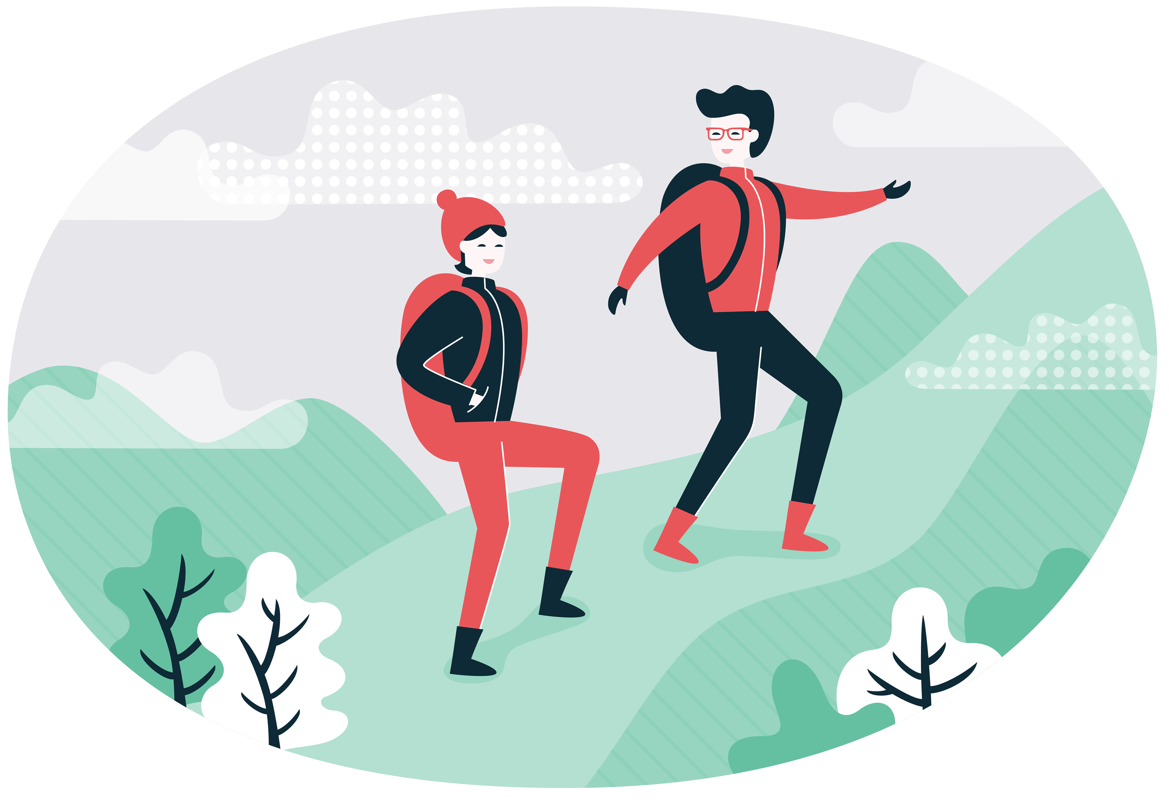 Illustration of two women climbing a hill, they are carrying back packs, the scenery is green hilltops and white spotty clouds