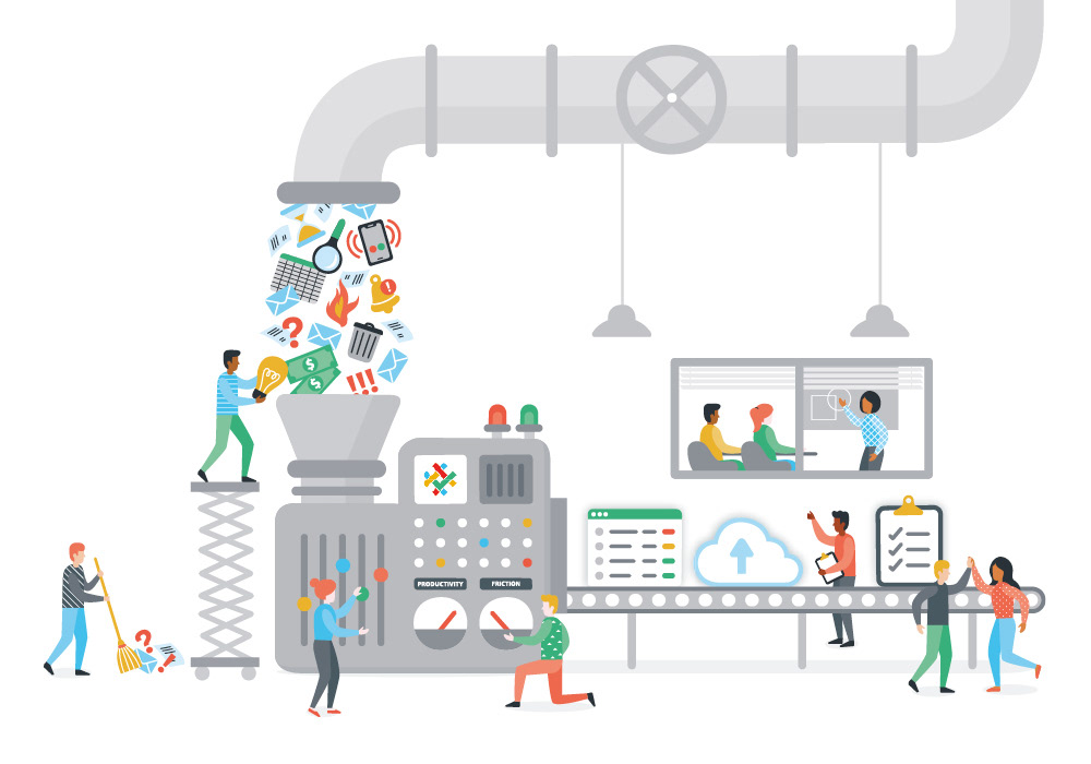 Illustration by Sharon Armstrong Creative for Mr System Website homepage, a machine which takes in all of the clutter and distractions and converts them into a work flow management system