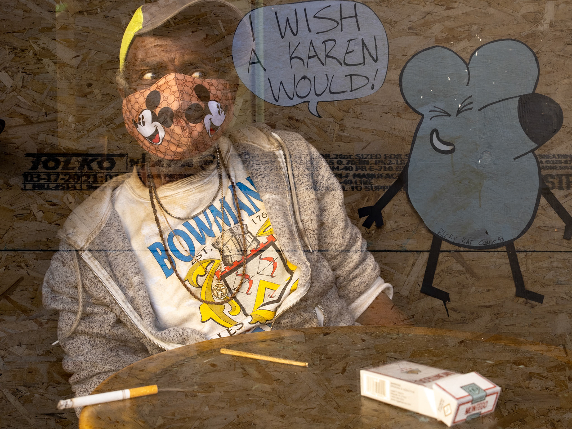 'You and Me Both', 9/25/20. Man chillin'. Wheatpaste on plywood by Ricky Rat. 