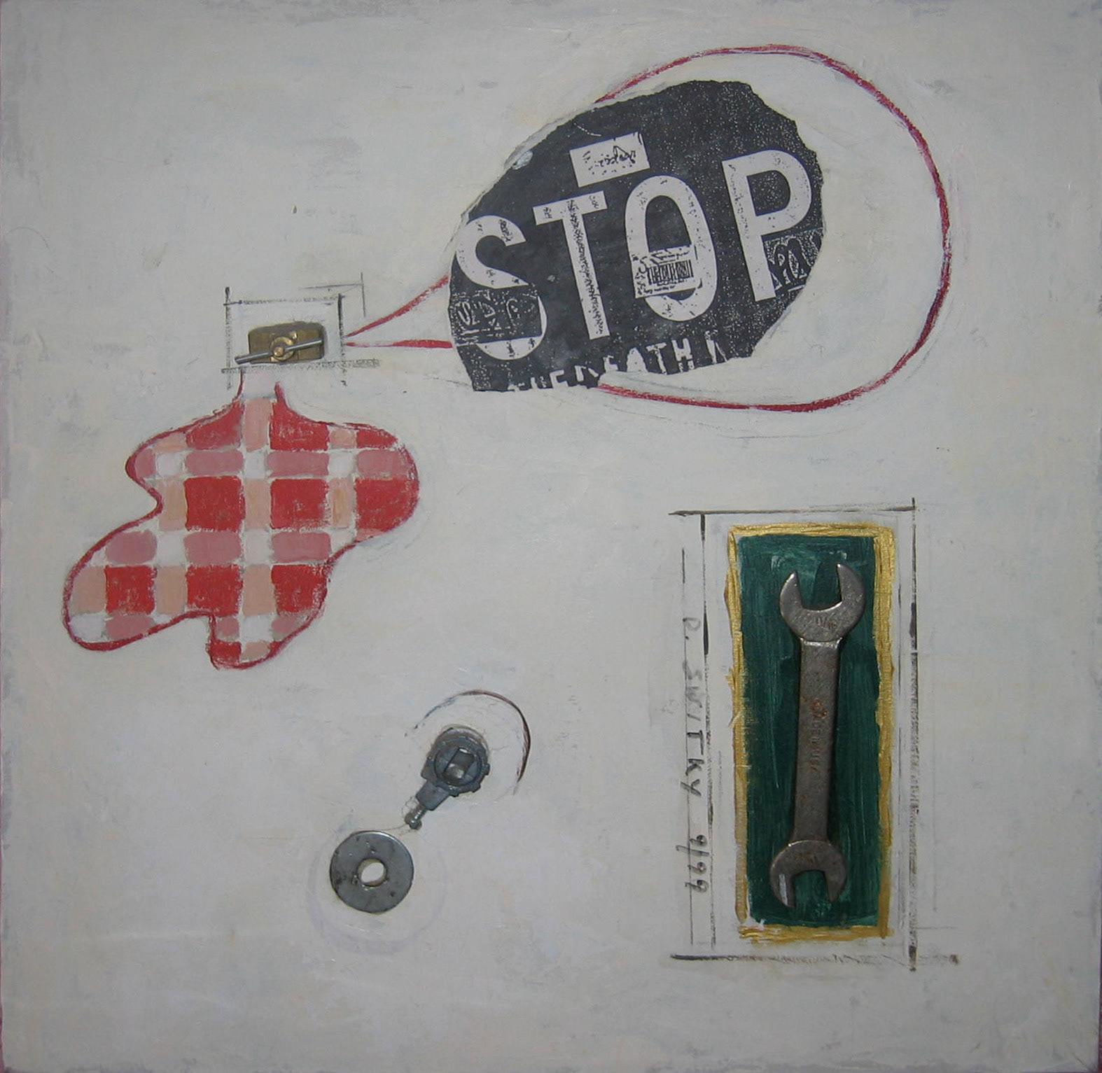 Ode to Plumbing | Acrylic, paper collage, and hardware on canvas | 20x20" | NFS