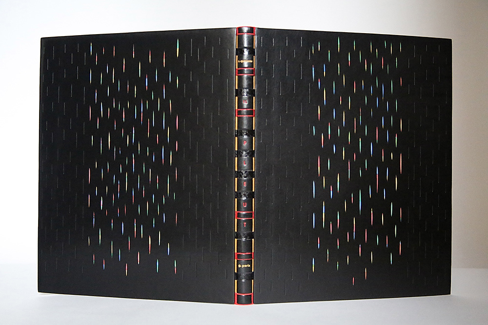 Binding by Sylvie Frégé on “Il pleut” by Raymond Queneau, illustrated by Raymond Paris. Original structure with floating back in black calfskin and eelskin. Scored calfskin sides. 34 x 28 cm. © ARA France