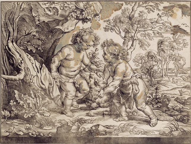 Christophe Jegher after a design by Pierre-Paul Rubens (1577-1640). Jesus and Saint John. Woodcut, reworked by Rubens.