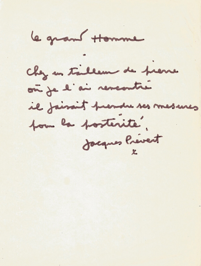 AUTOGRAPHES DES SIÈCLES - Jacques PREVERT. Poème autographe signé