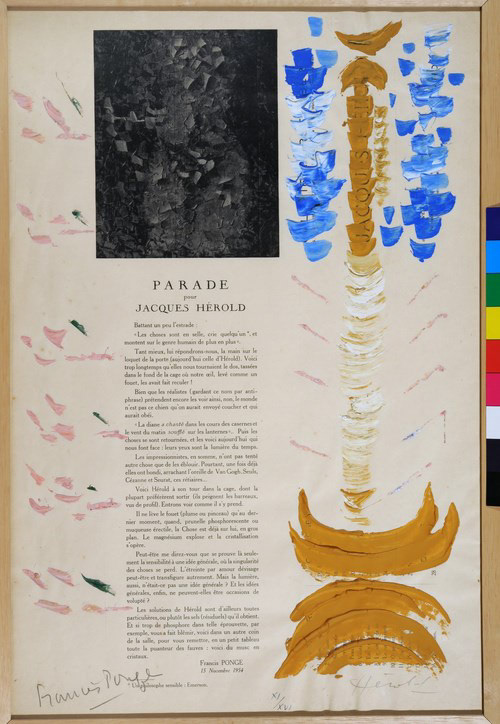 2015 006: Francis Ponge. Parade pour Jacques Hérold - Poem poster 1954 (Jacques Hérold illuminated Francis Ponge's text with watercolours)