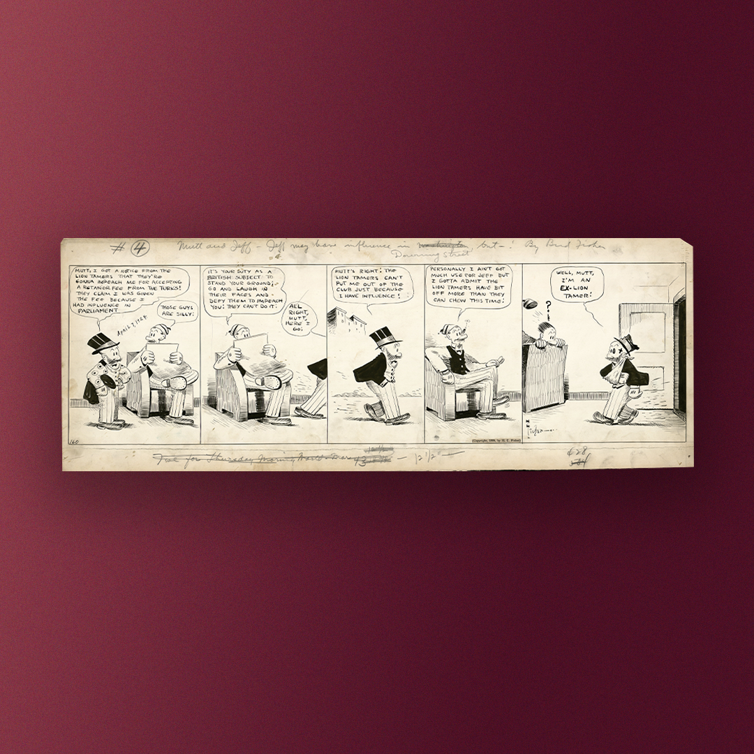 Bud Fisher (1885-1954), États-Unis · Mutt and Jeff Encre de Chine, crayon graphite sur carton · Strip n° 160 paru dans le New York World, 1924 | Angoulême, musée de la bande dessinée - Inv. 93.13.3