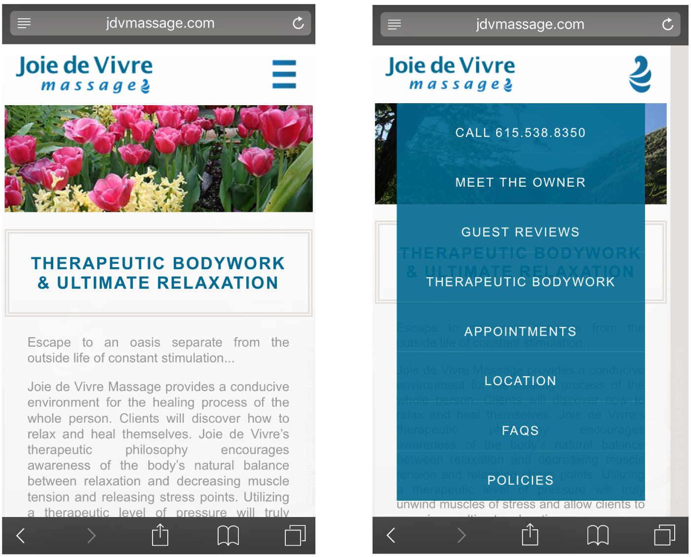 Mobile Website Development and Design with Joie de Vivre and little lotus wave digital icon Copyright 2015-2018 Cityscape Creative