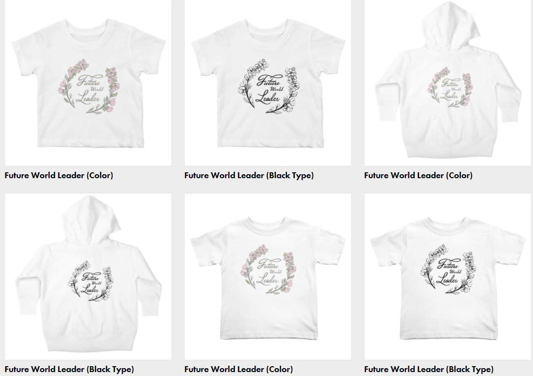 Examples of apparel with design printed in color and black to show options