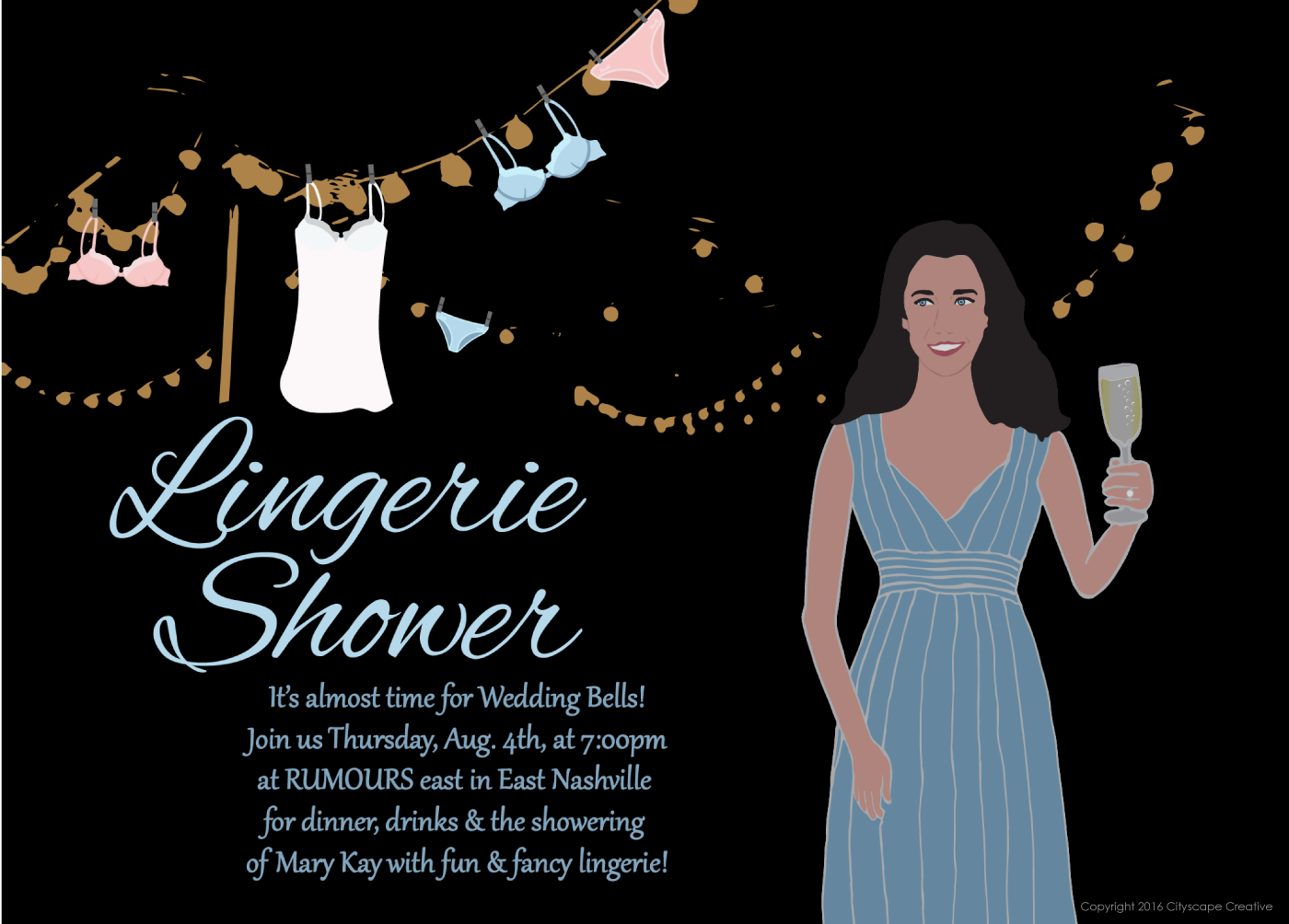 Invitations with fun Digital Illustrations of Lingerie hanging from strung lights, Bride-to-be outfit change, close-up with champagne at night Graphic Design with Hand Drawn Illustrations Copyright 2017-2018 Cityscape Creative