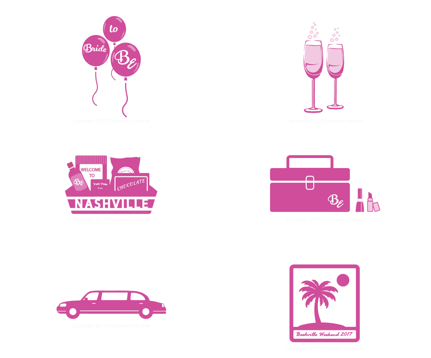 Additional service digital illustrations icons featuring balloons, champagne, nashville welcome basket, beauty kit, limousine and palm photo shoot icons Copyright 2017-2018 Cityscape Creative
