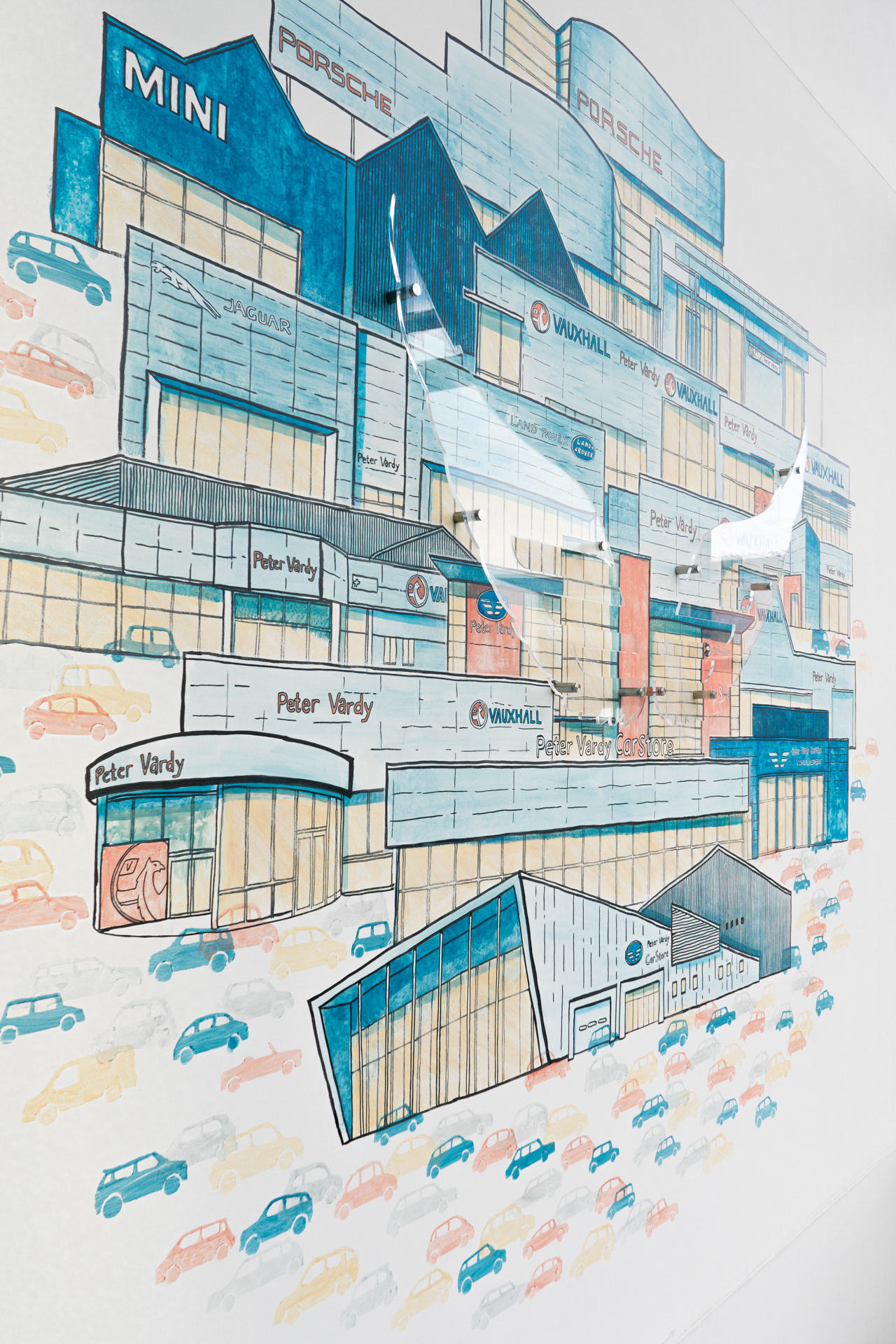 Detail of mural on atrium wall of Peter Vardy Central offices.