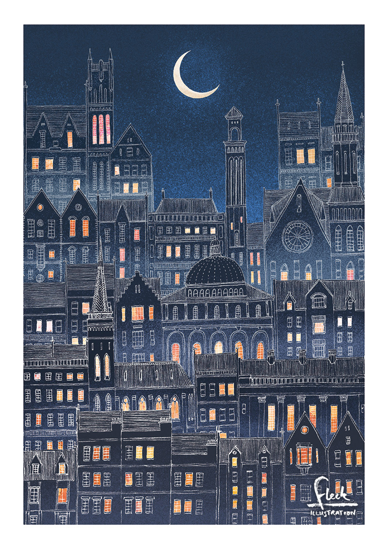 Atmospheric city illustration at night, with lit up windows shining from dark blue buildings and a thin crescent moon in the sky