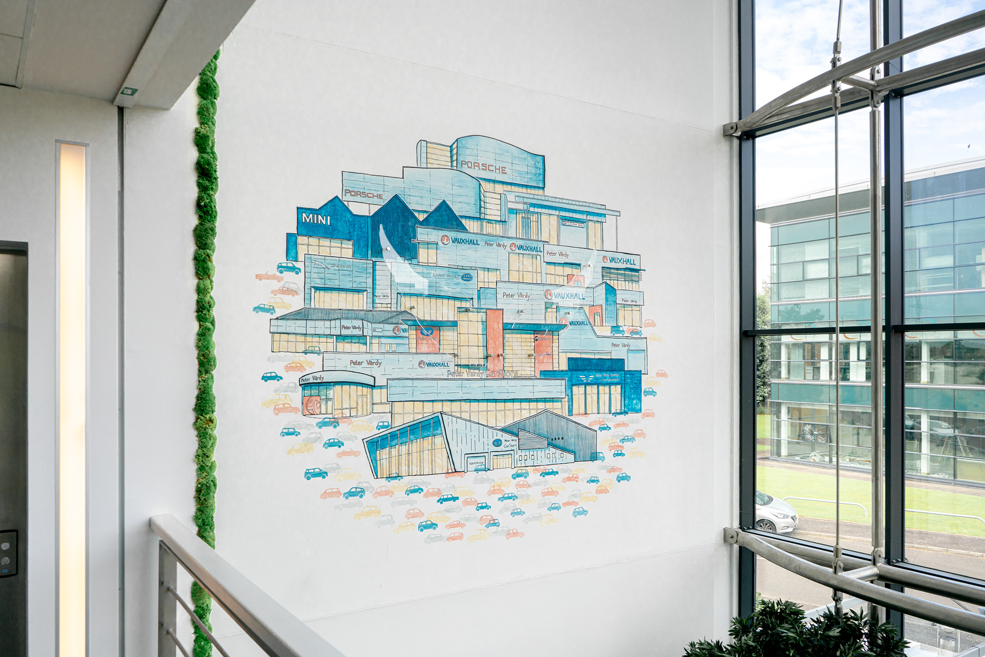 Mural on atrium wall of Peter Vardy Central offices.