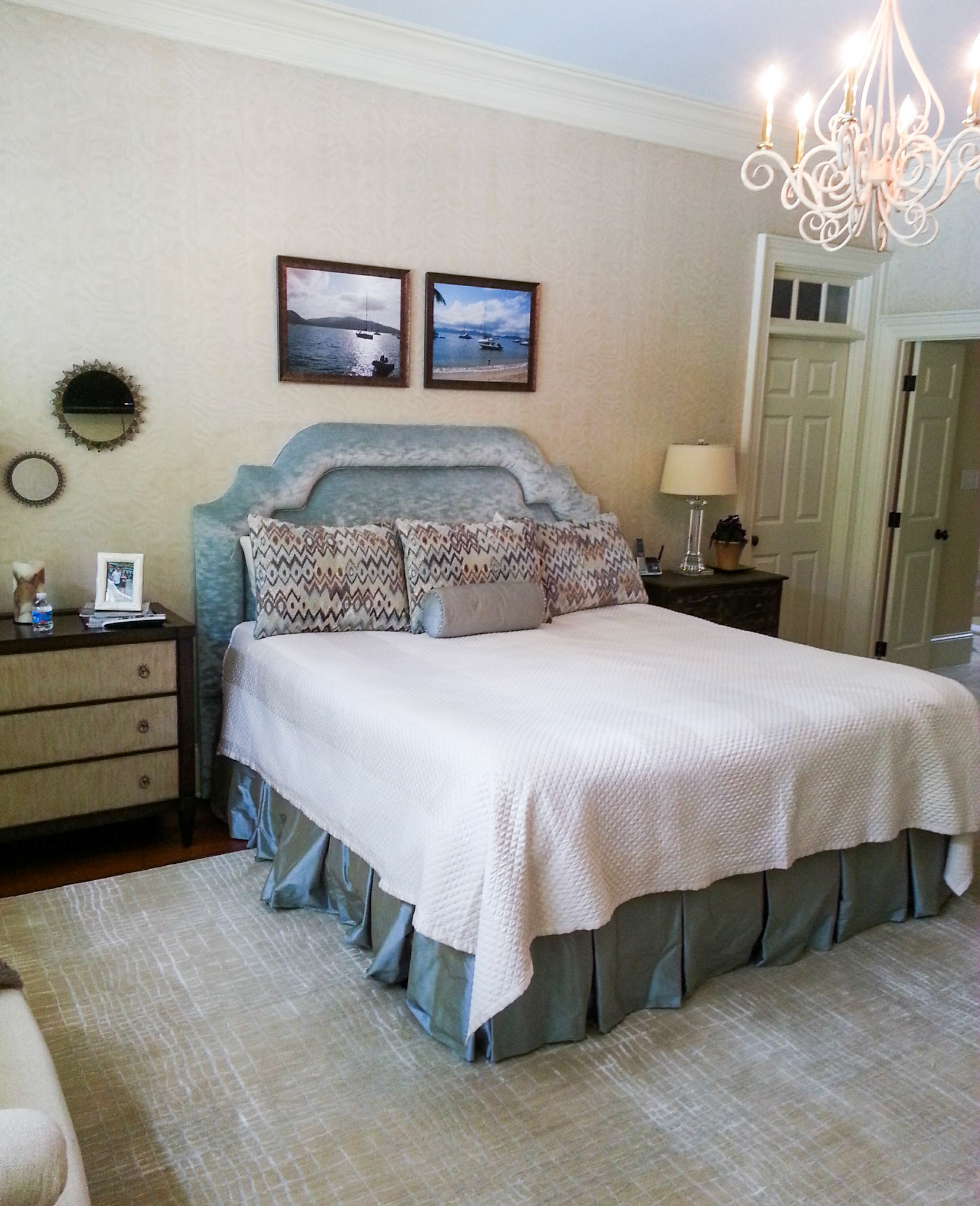 Personal Selections: Custom bedding and window treatments, paint colors, area rug, upholstery, and accessories. Other Selections: Client's existing pieces.