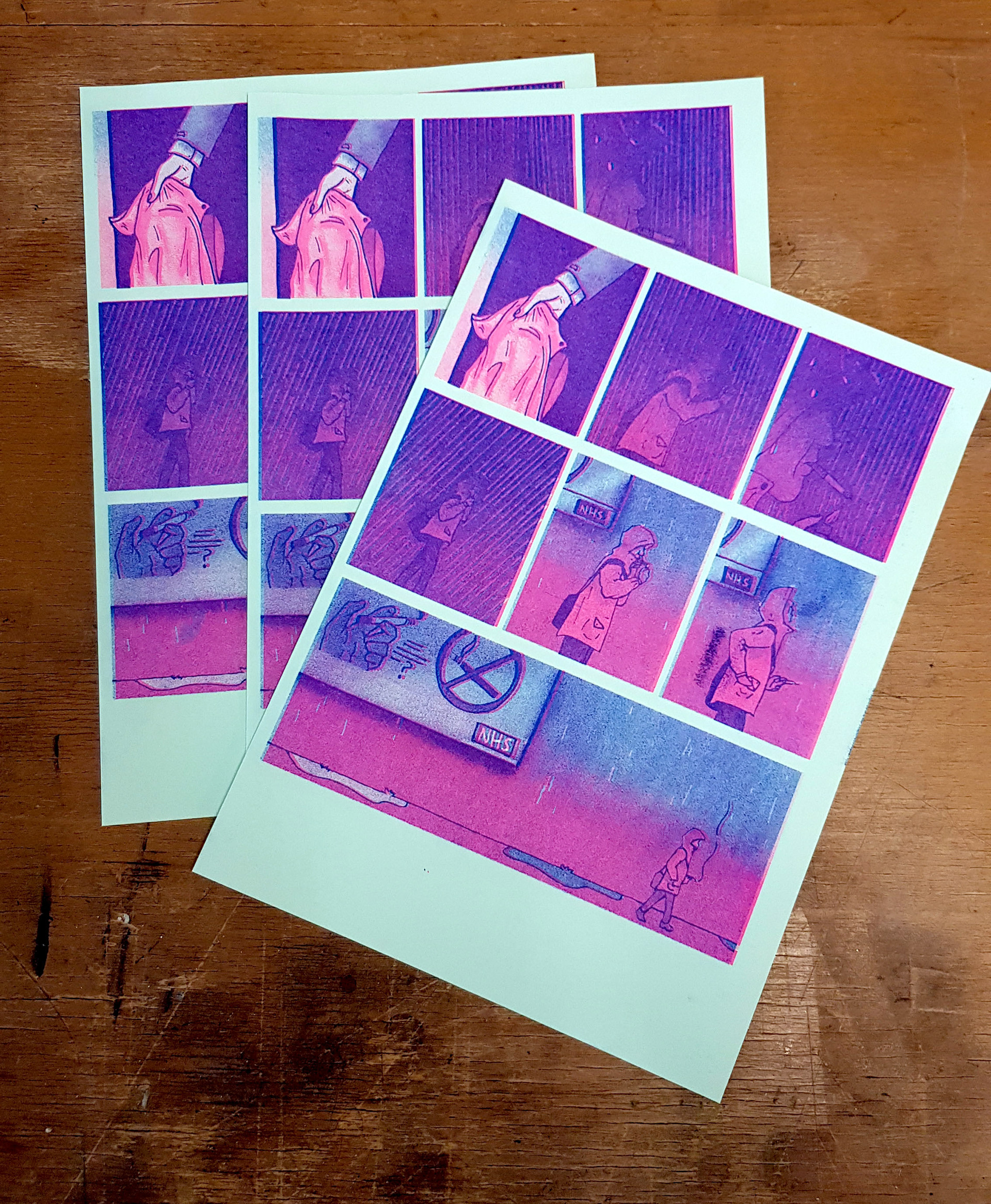 Selection of Risograph printed comics on green A4 stock.