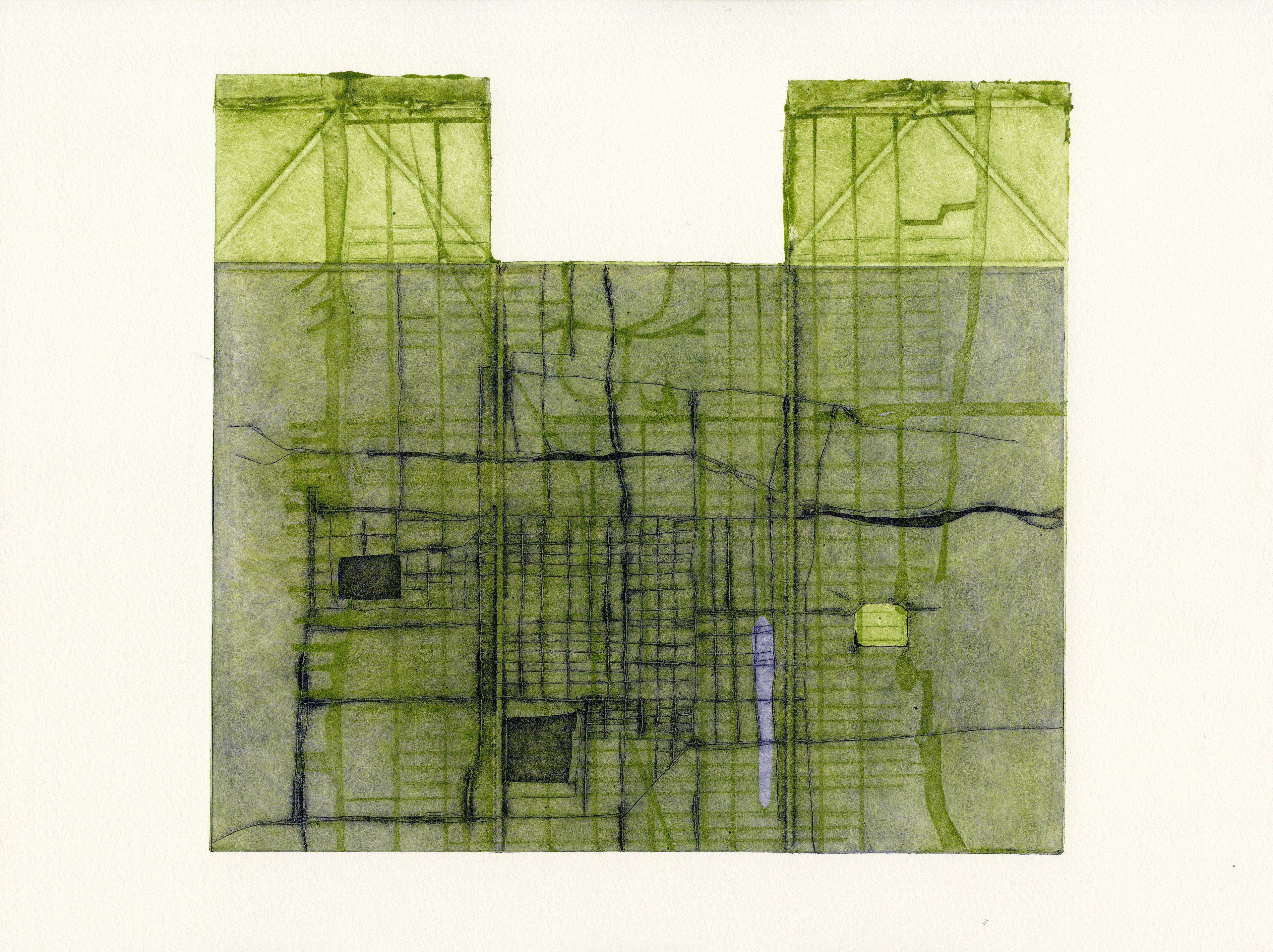 Study for CITIES IN CHECKERS A, 2016, Milk carton drypoint, 15” x 17-3/4”