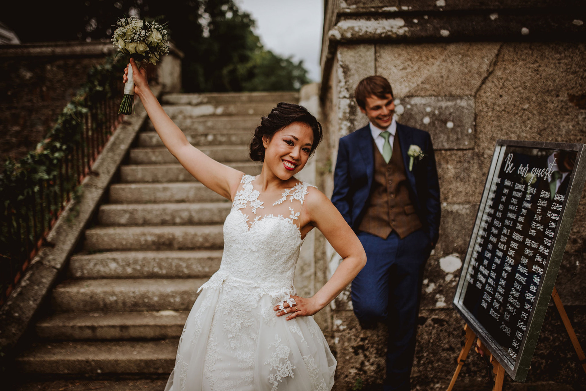 Bridal portrait, wedding photo, wedding dress, designer dress, handsome suit style. Be Our Guest