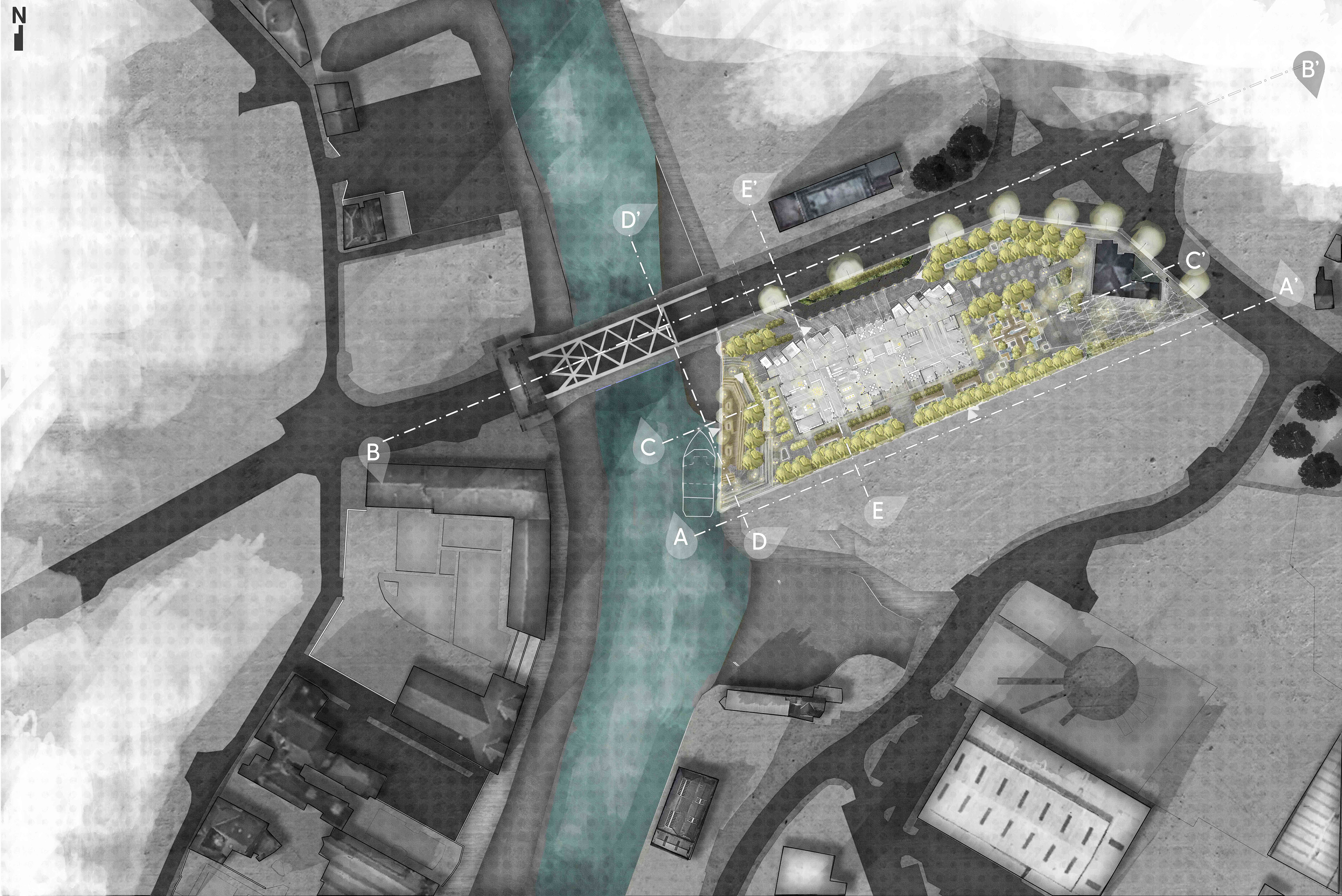 Ground Floor and Site Plan highlighting the use of landscaping and lighting in the scheme to create an exclusive atmosphere and guide the user from riverfront to antique shop.