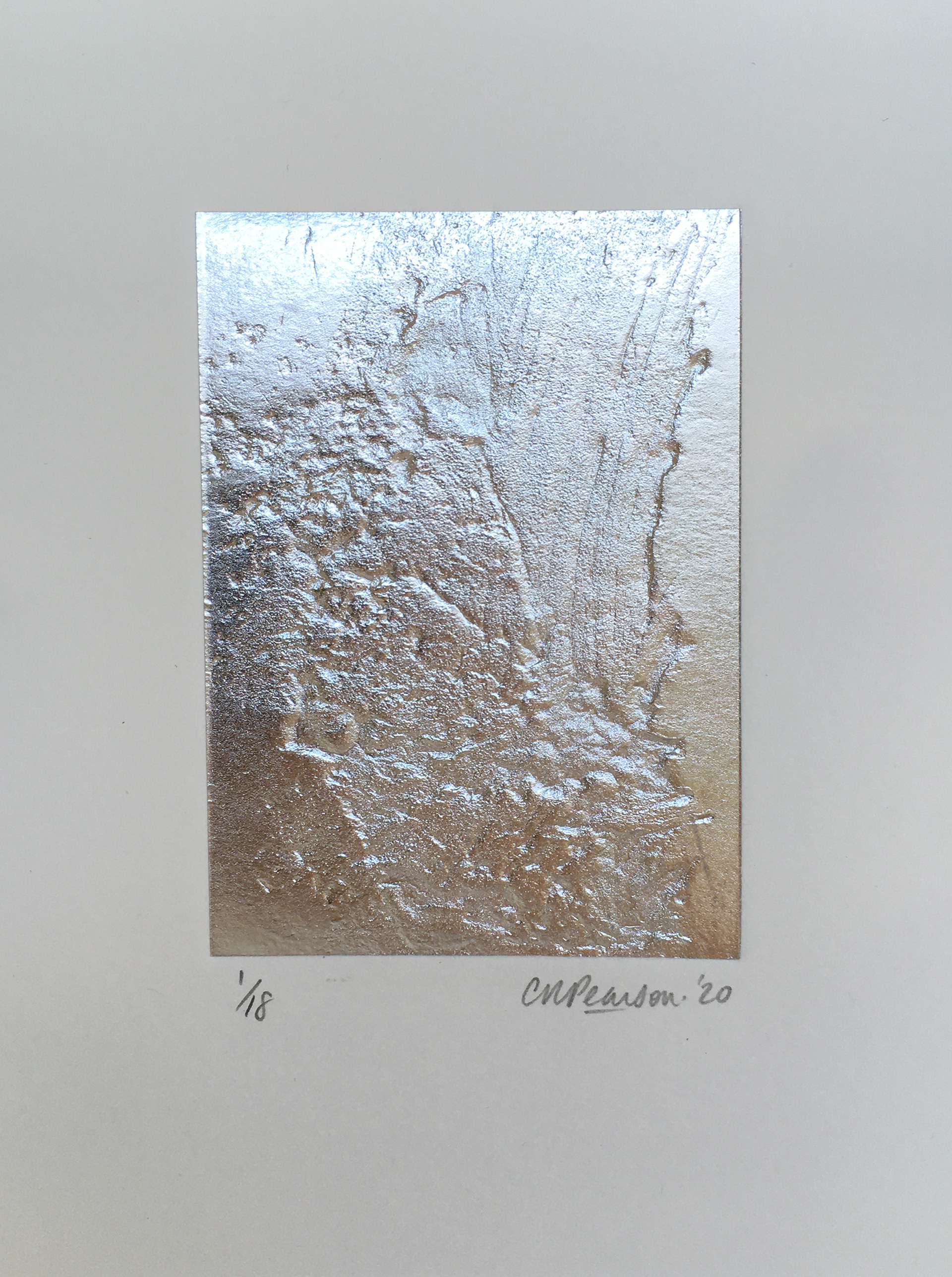 'Metallic Gestures XII', carborundum embossing with metallic chine-collé on 310gsm Southbank Smooth white paper, 15 x 20cm, edition of 18 + 2 APs