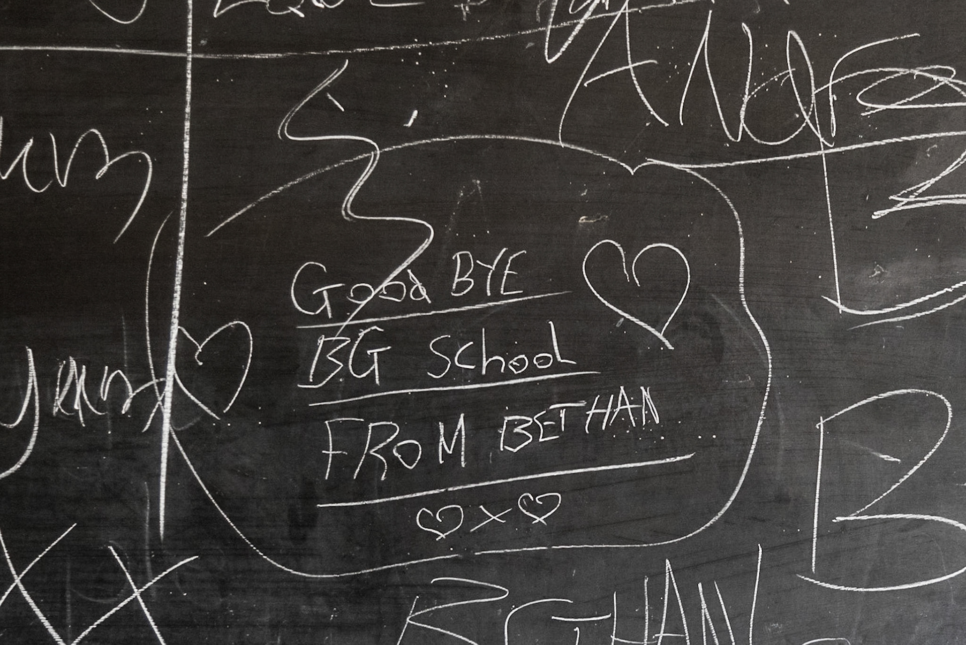 Chalkboard in an abandoned classrooms at Berengaria Village in Limassol, Cyprus. Wirtten on the board are farewell messages from the students.