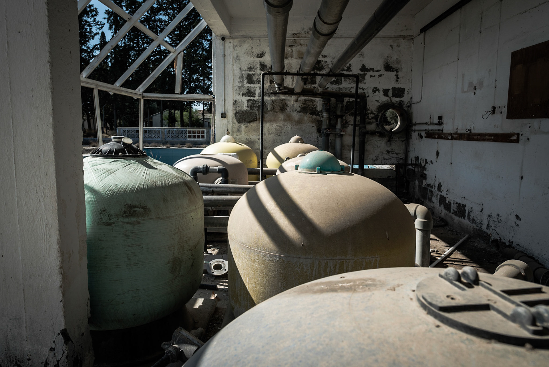 Swimming pool pump room at the abandoned Berengaria Village in Limassol, Cyprus