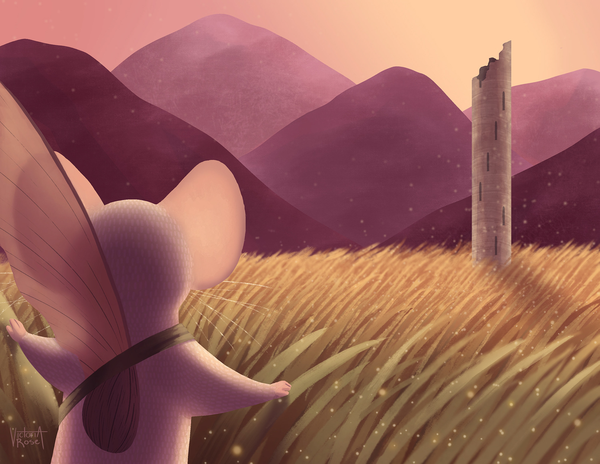 A mouse adventurer discovers an ancient tower, bathed in the glow of dusk.