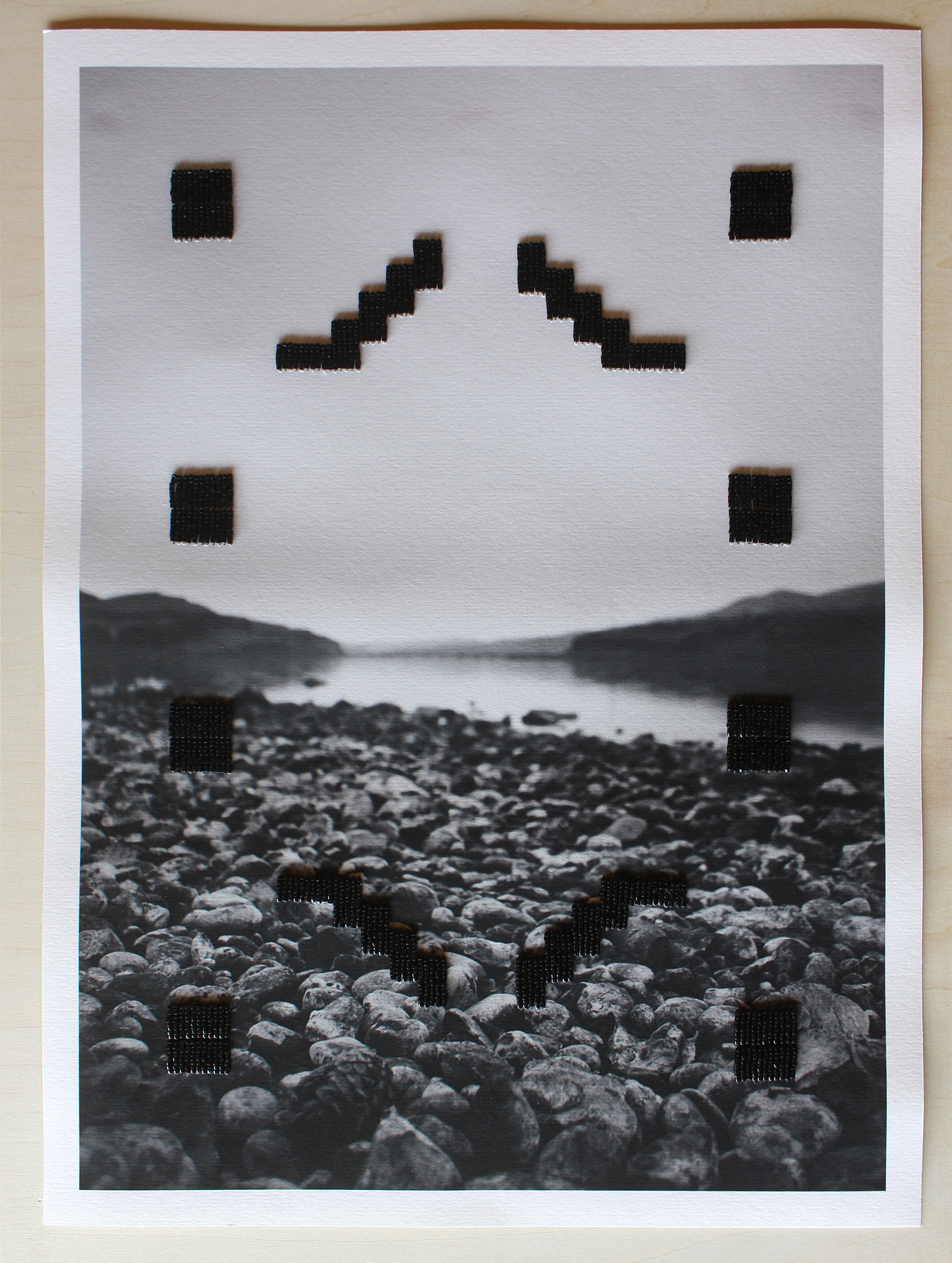 Pebbles, Molly Murphy Adams (Tulsa, Oklahoma), beadwork on archival photo, cotton paper